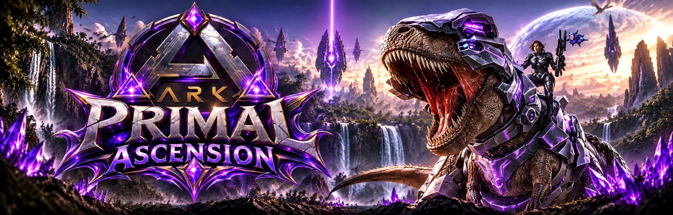 Primal Ascension — paysage fantastique et dinosaure en armure violette